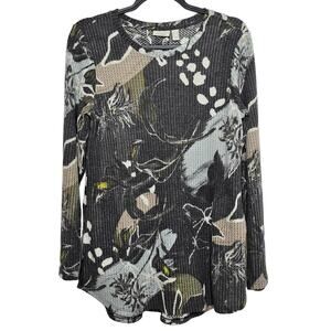 LOGO Lounge Lori Goldstein Womens Cloud Waffle Printed Scoop Neck Top Sz XS Gray